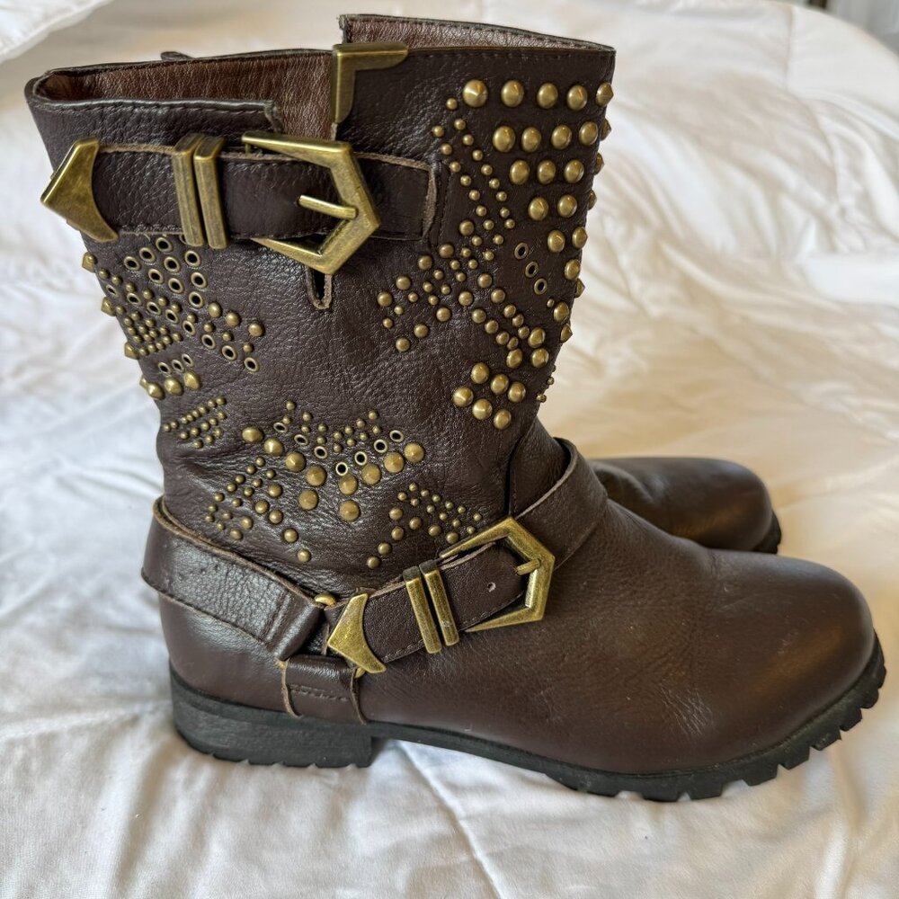 Modern Vice Leather Studded Boots with Moto Details, Size 6